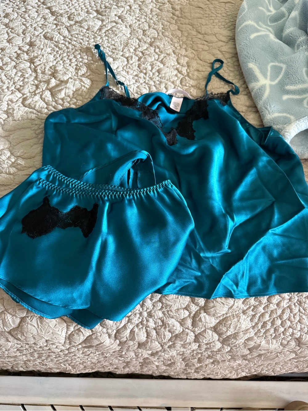 Victoria's Secret Teal Satin Camisole & Shorts Set with Black Lace - Picture 1 of 1